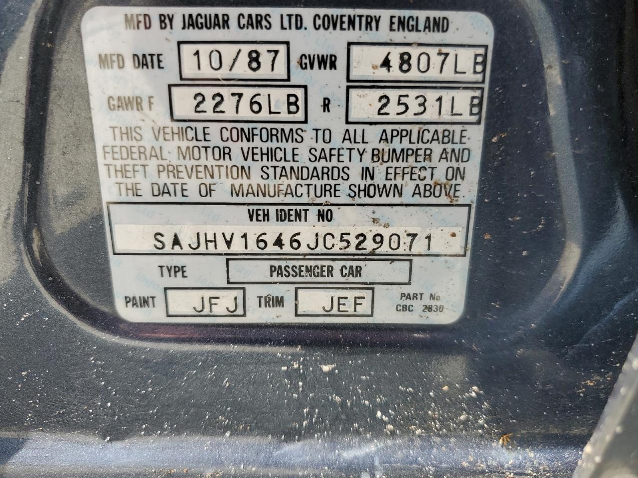 1988 Jaguar Xj6 VIN: SAJHV1646JC529071 Lot: 65636334