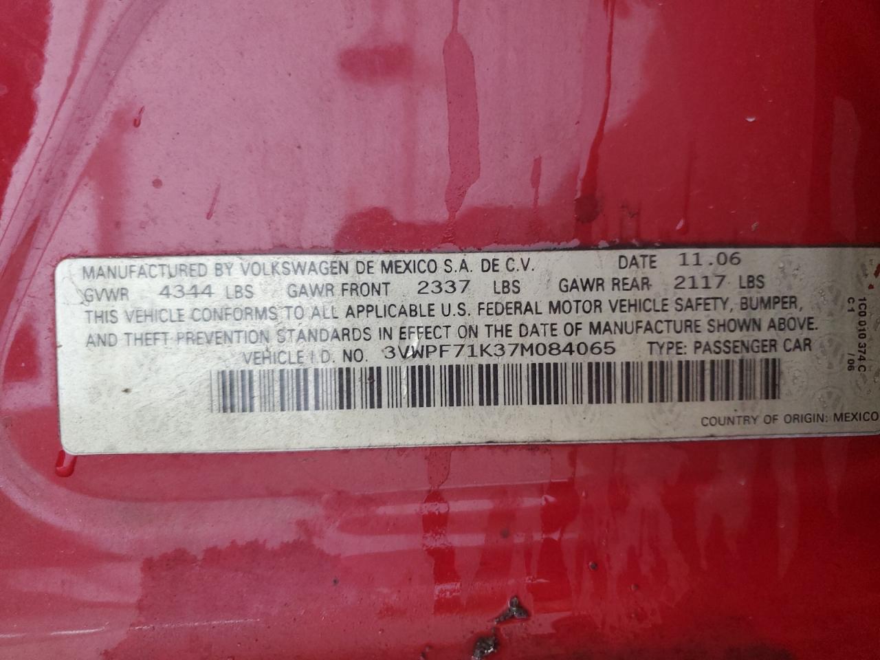 2007 Volkswagen Jetta 2.5 VIN: 3VWPF71K37M084065 Lot: 64255924