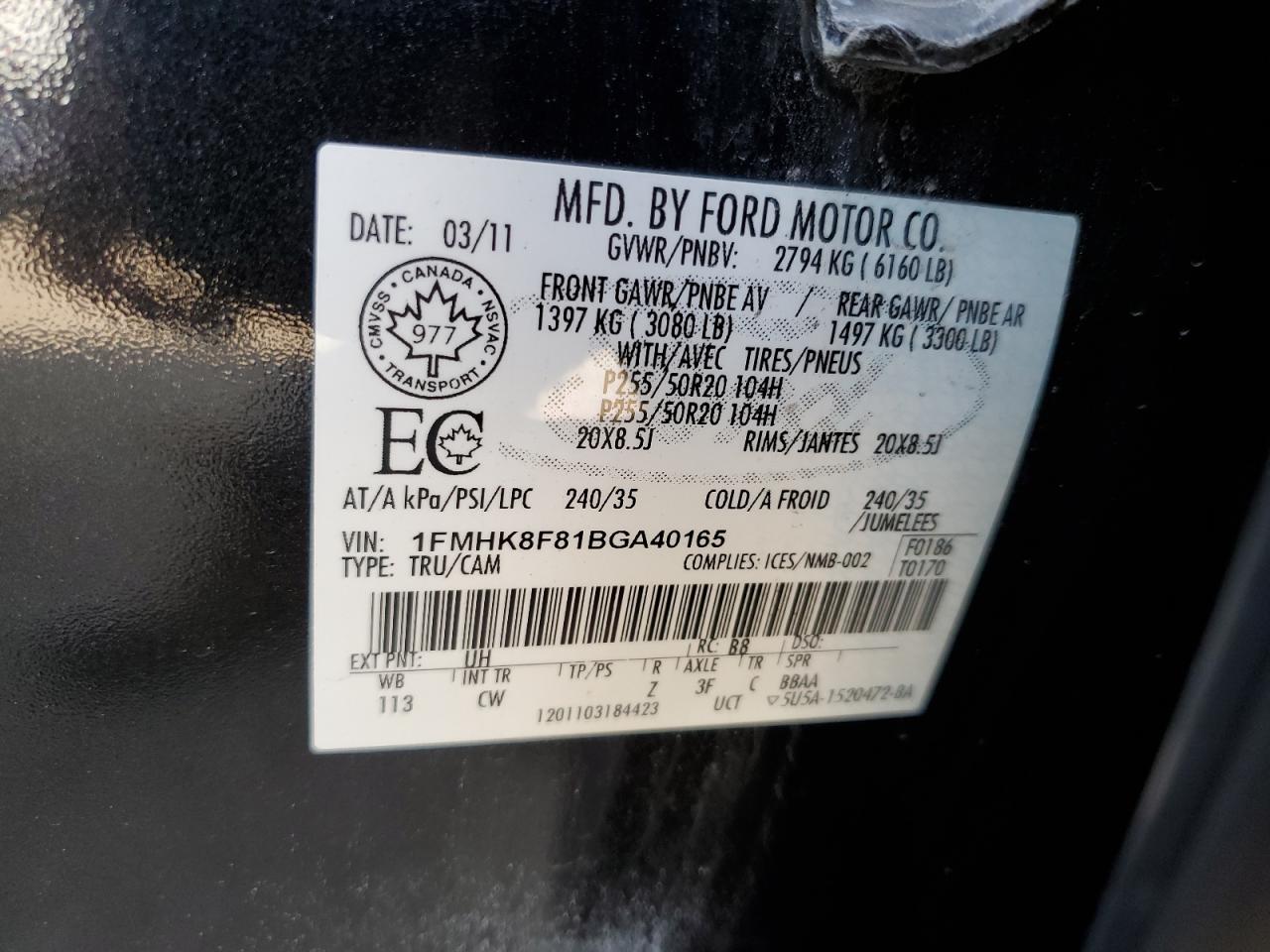 2011 Ford Explorer Limited VIN: 1FMHK8F81BGA40165 Lot: 62813234