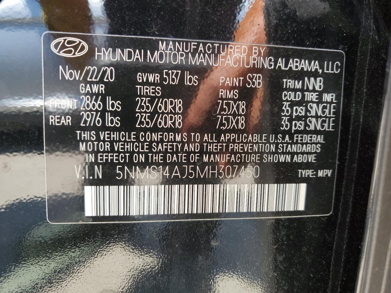 5NMS14AJ5MH307450 2021 Hyundai Santa Fe Se