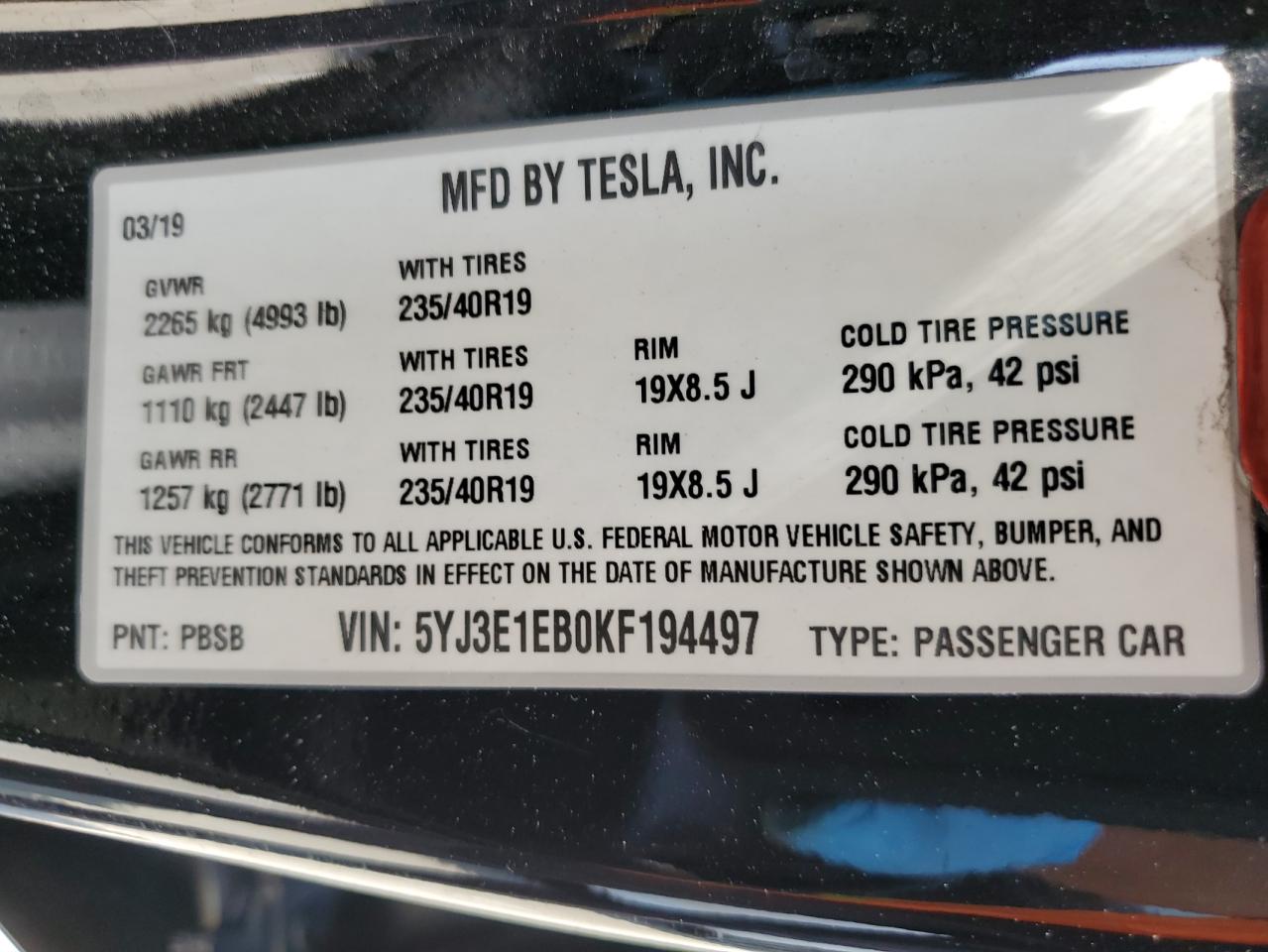 2019 Tesla Model 3 VIN: 5YJ3E1EB0KF194497 Lot: 64305114