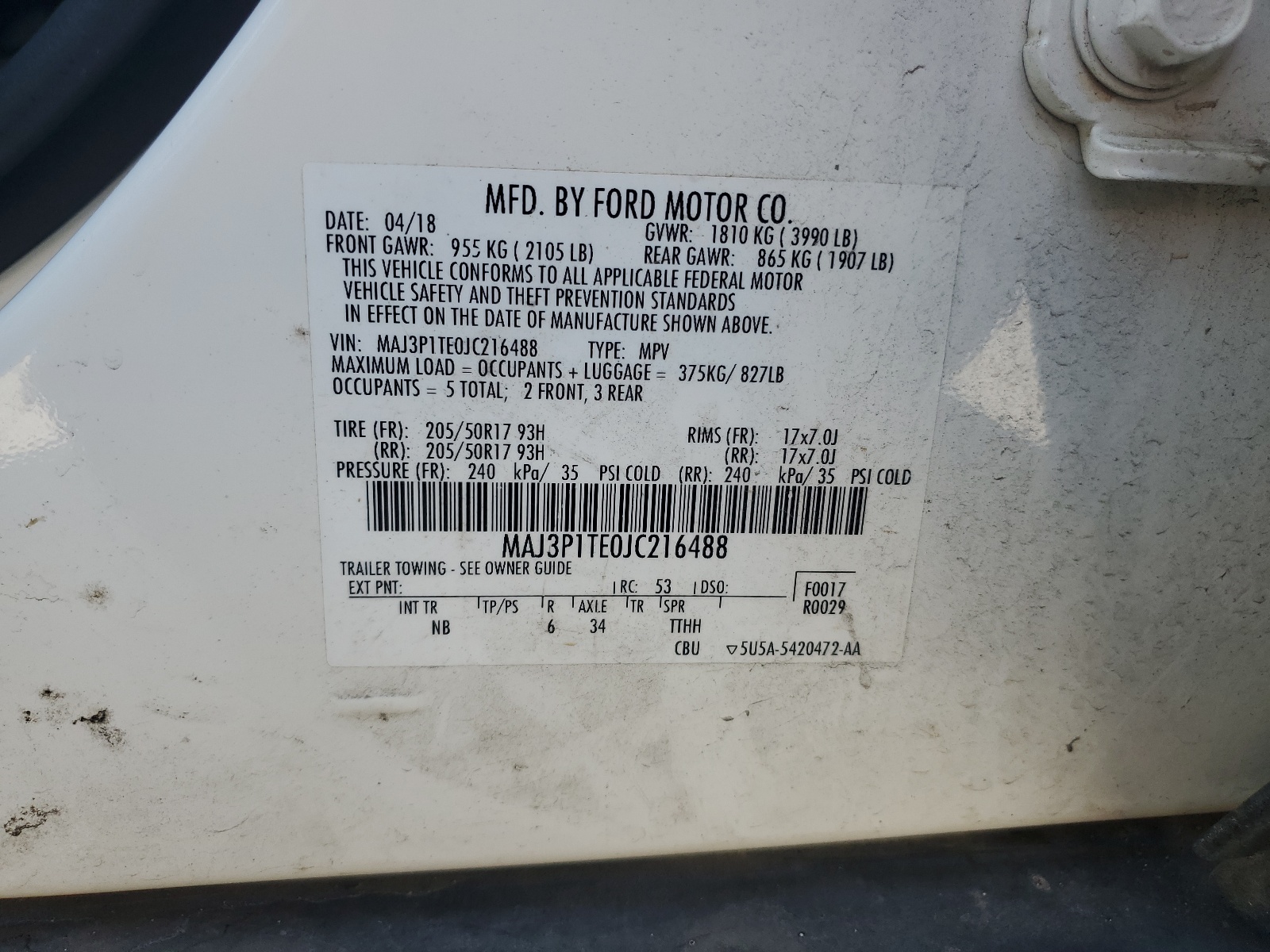 MAJ3P1TE0JC216488 2018 Ford Ecosport Se