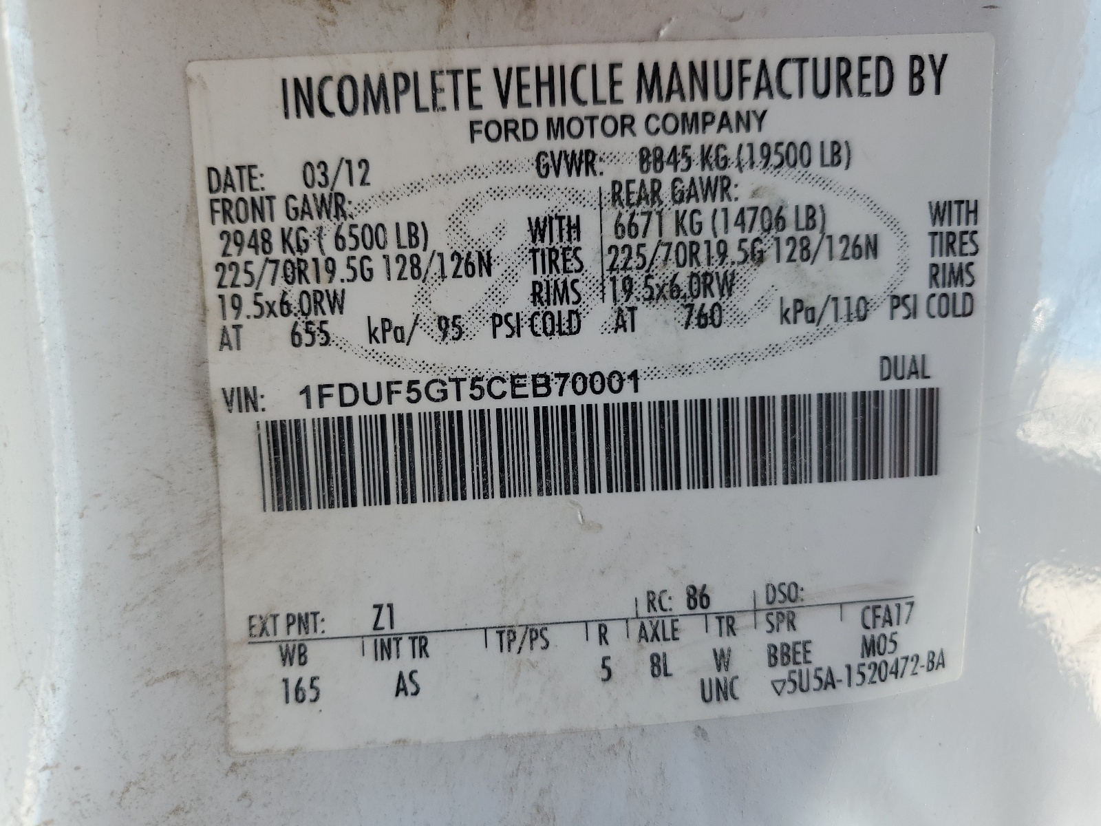 1FDUF5GT5CEB70001 2012 Ford F550 Super Duty