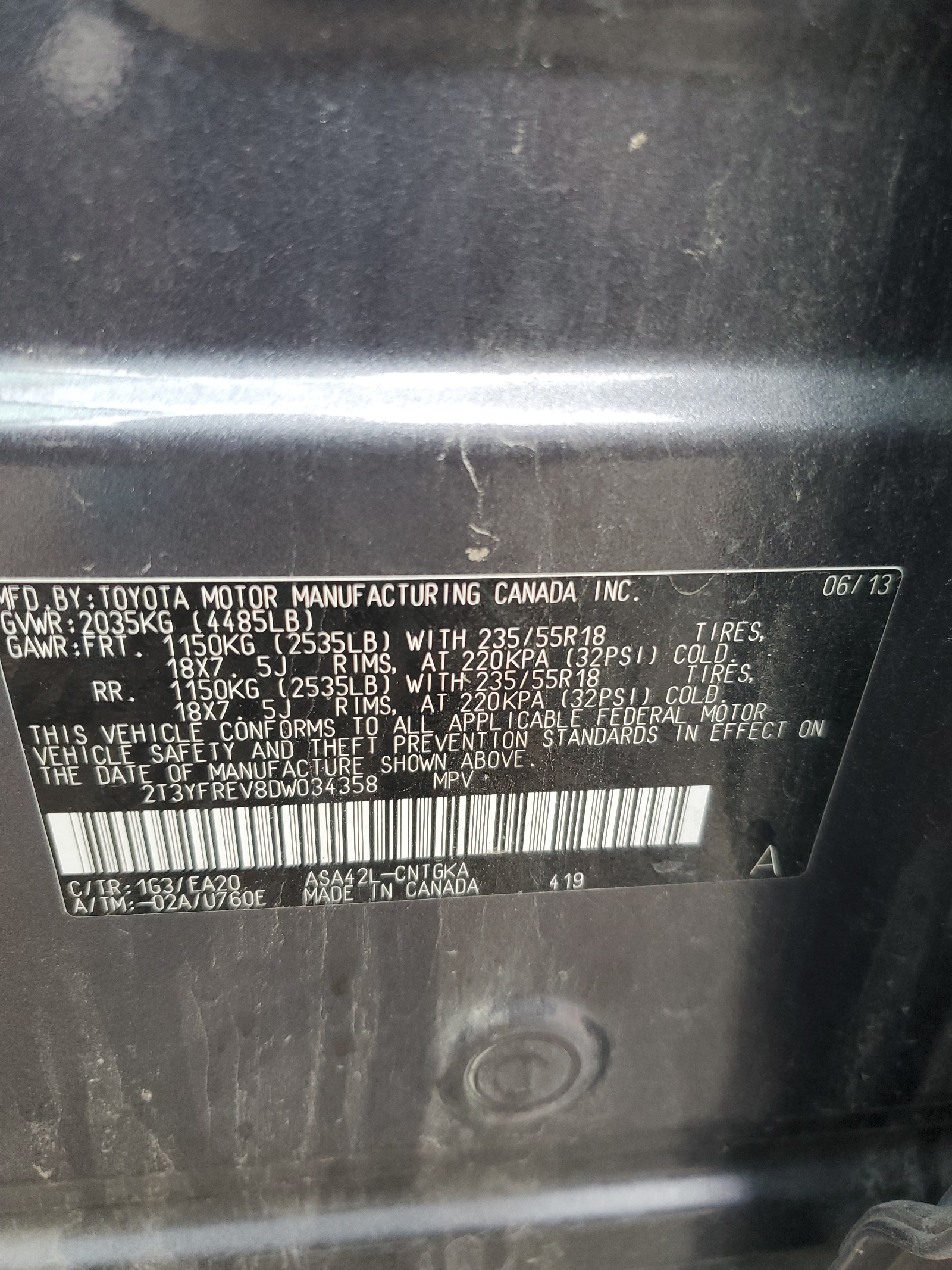 2T3YFREV8DW034358 2013 Toyota Rav4 Limited