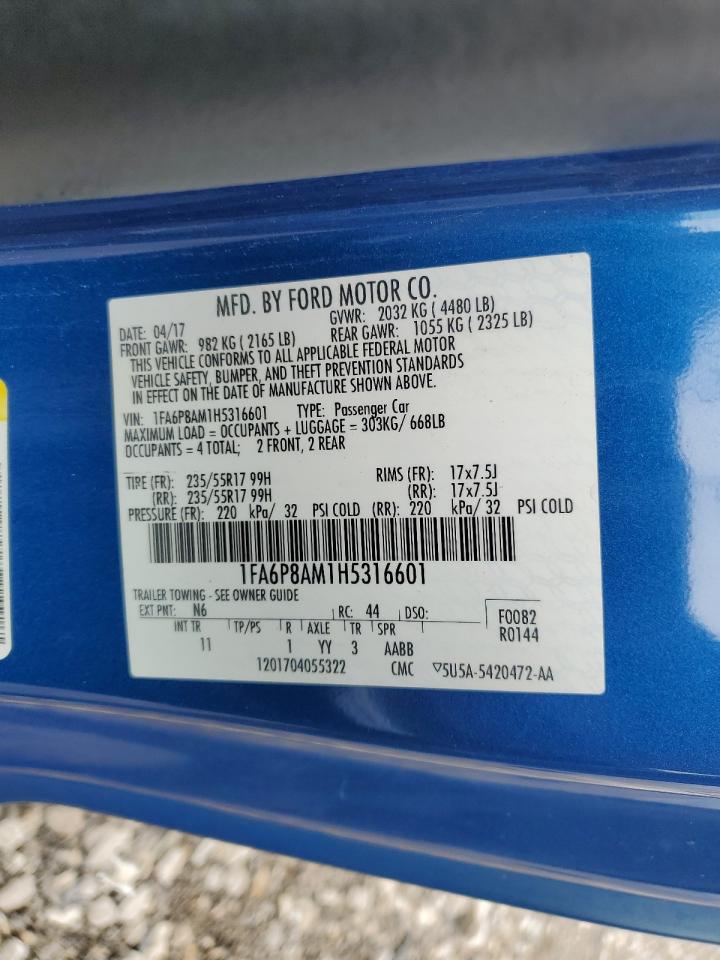 2017 Ford Mustang VIN: 1FA6P8AM1H5316601 Lot: 63293744