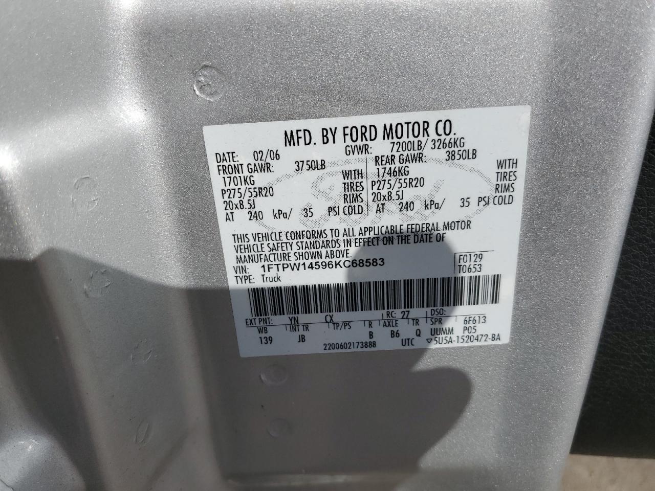 2006 Ford F150 Supercrew VIN: 1FTPW14596KC68583 Lot: 63252674