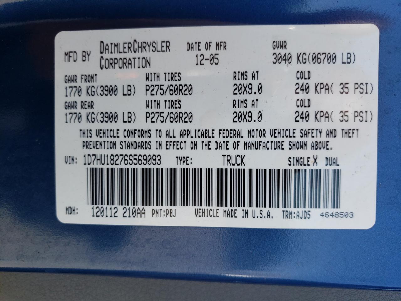 2006 Dodge Ram 1500 St VIN: 1D7HU18276S569093 Lot: 62188424