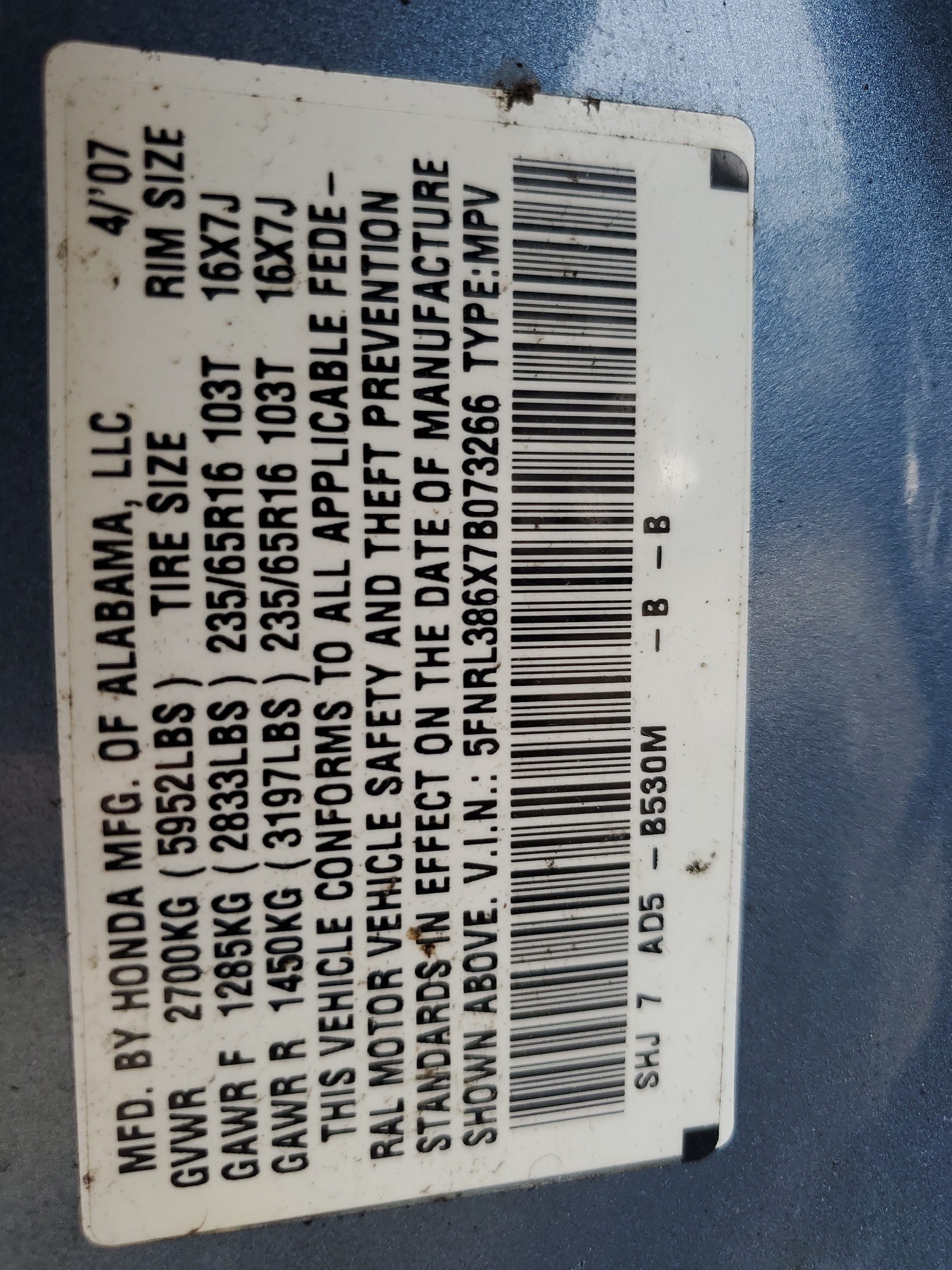 5FNRL386X7B073266 2007 Honda Odyssey Exl