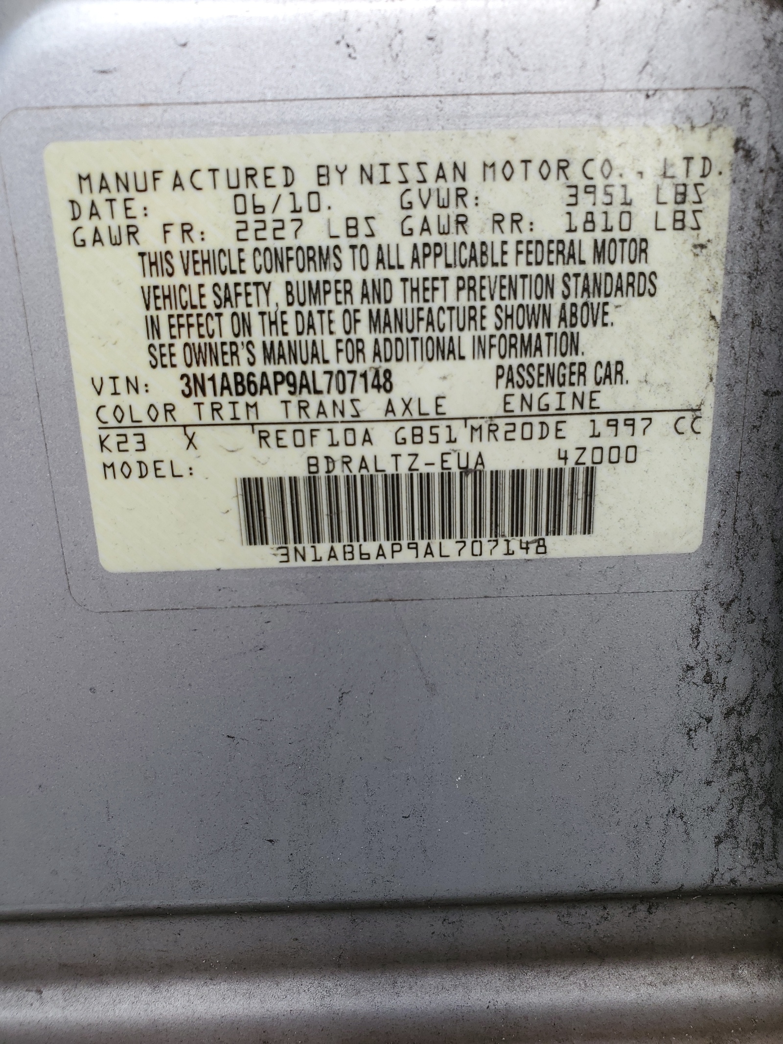 3N1AB6AP9AL707148 2010 Nissan Sentra 2.0