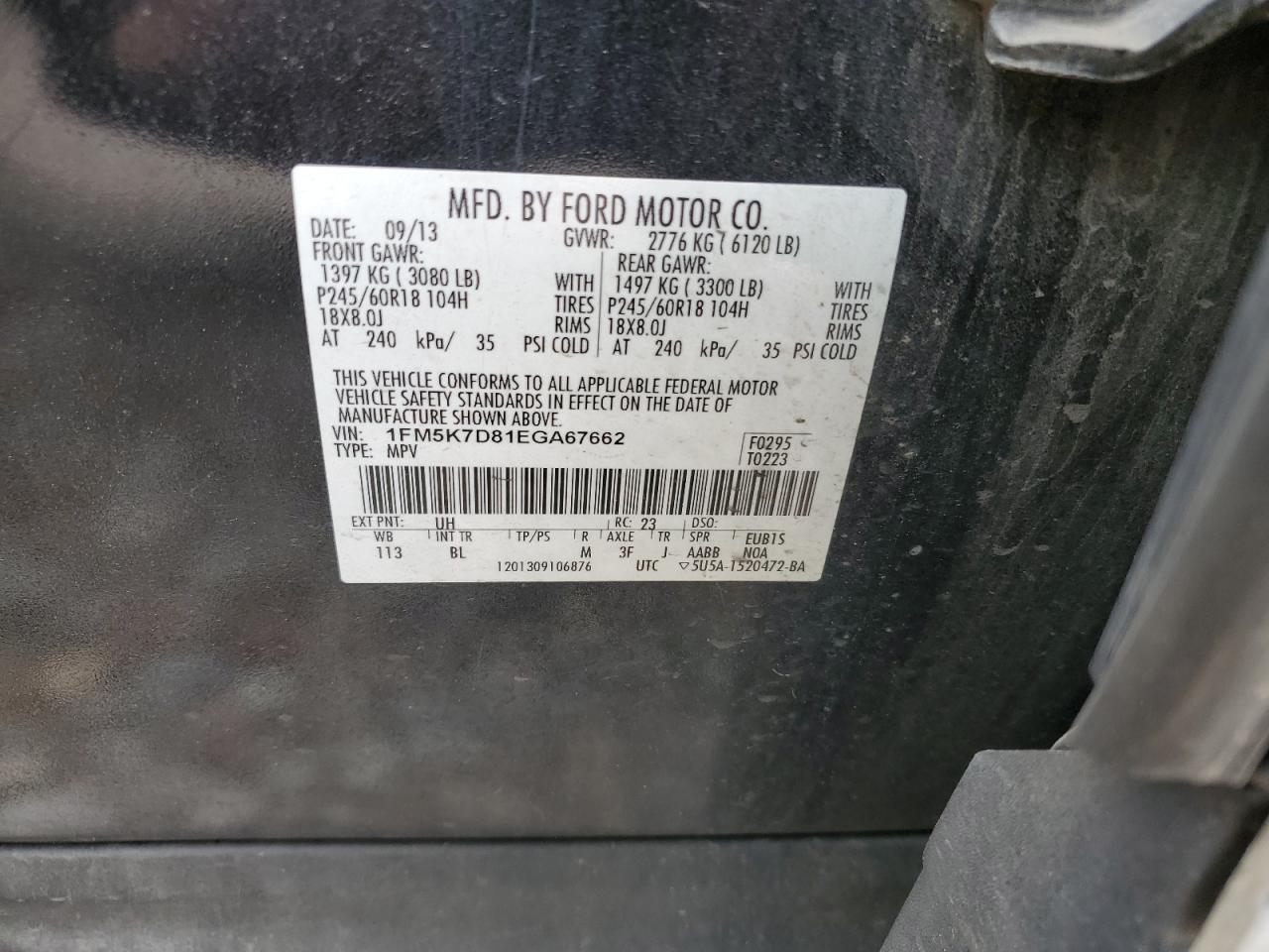 2014 Ford Explorer Xlt VIN: 1FM5K7D81EGA67662 Lot: 61258774