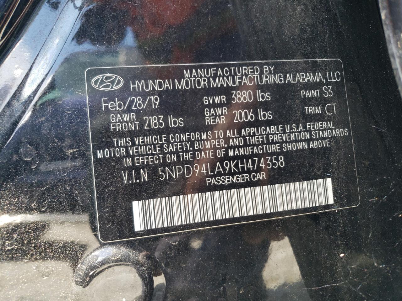 2019 Hyundai Elantra Eco VIN: 5NPD94LA9KH474358 Lot: 63607794