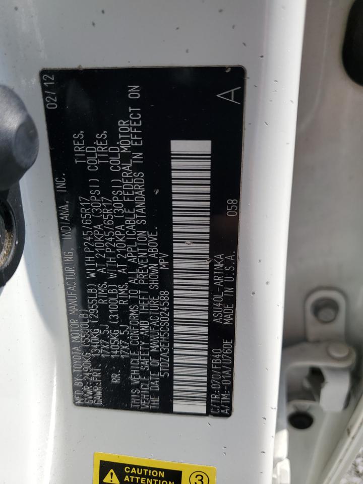 2012 Toyota Highlander Base VIN: 5TDZA3EH5CS024588 Lot: 65133754