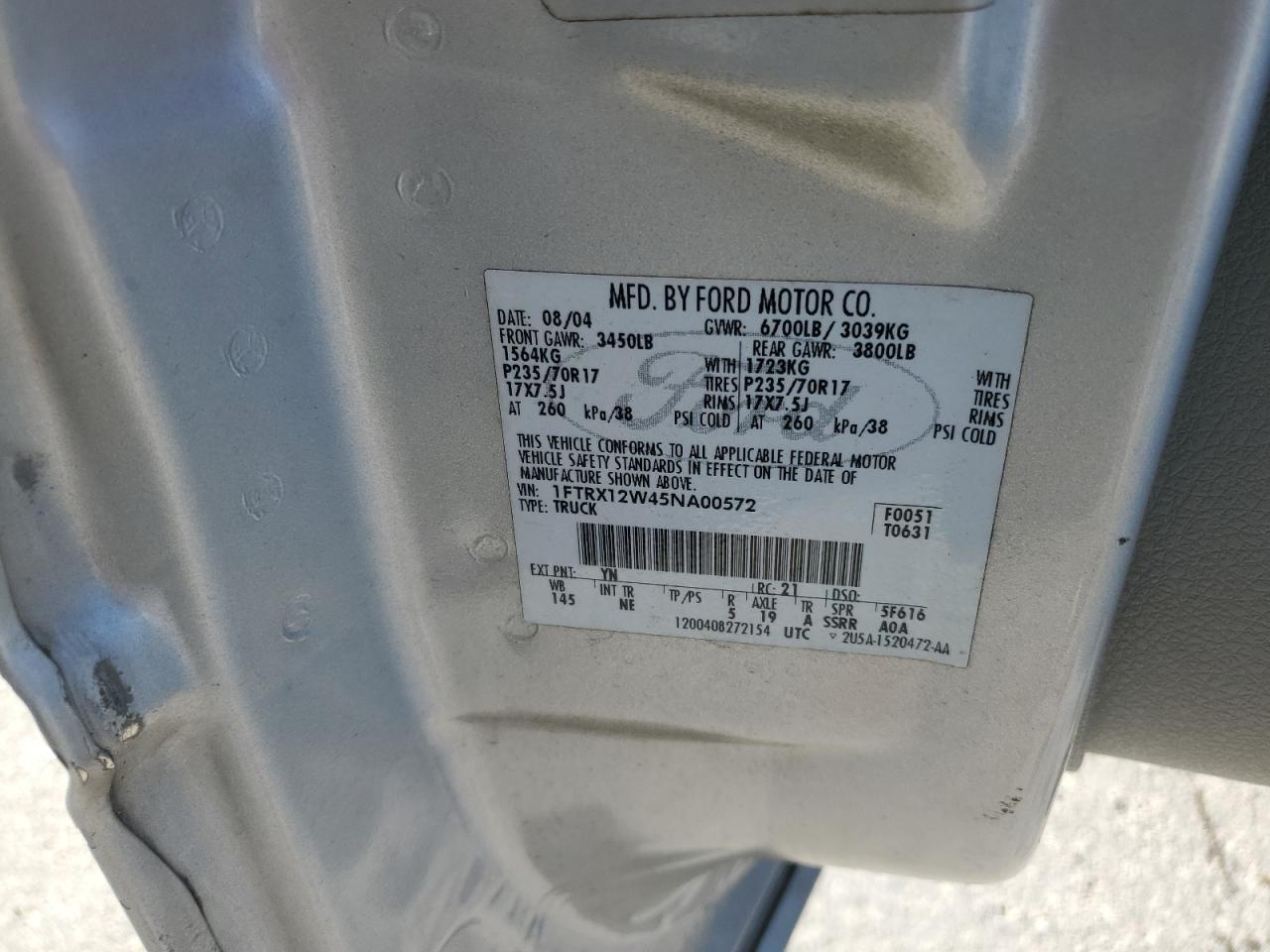 2005 Ford F150 VIN: 1FTRX12W45NA00572 Lot: 65043824