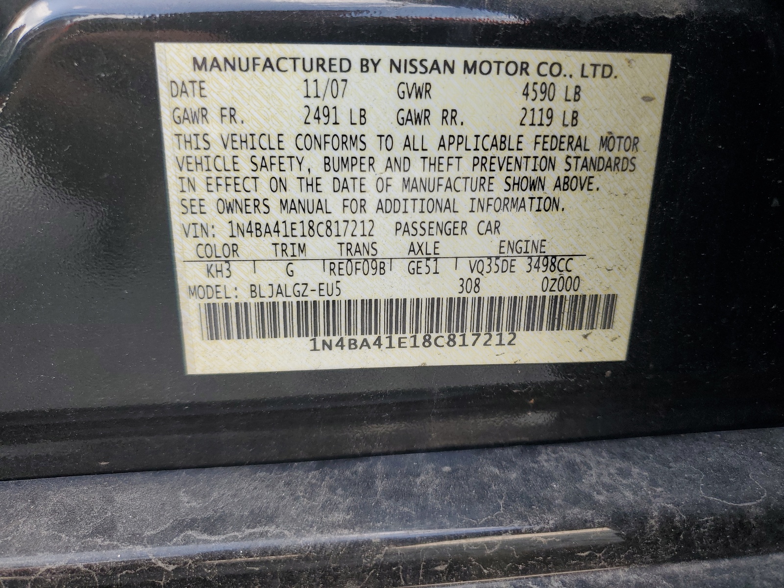 1N4BA41E18C817212 2008 Nissan Maxima Se