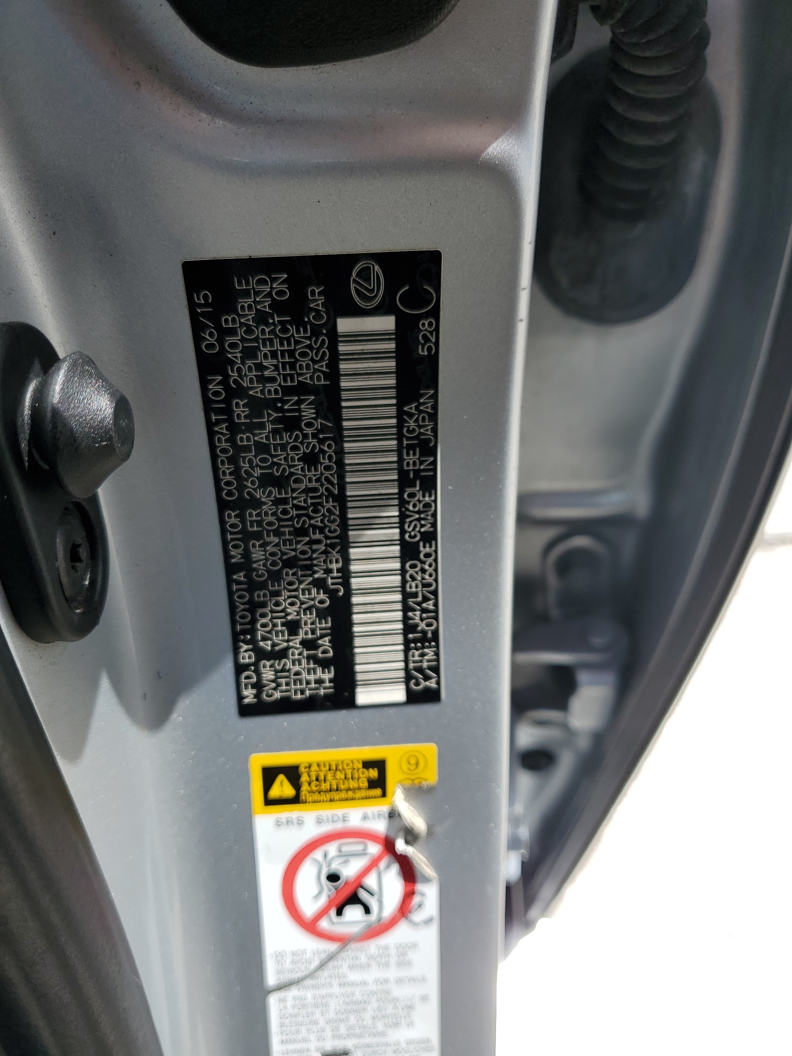 JTHBK1GG2F2205617 2015 Lexus Es 350