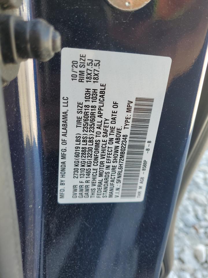 2021 Honda Odyssey Exl VIN: 5FNRL6H72MB022348 Lot: 64770044