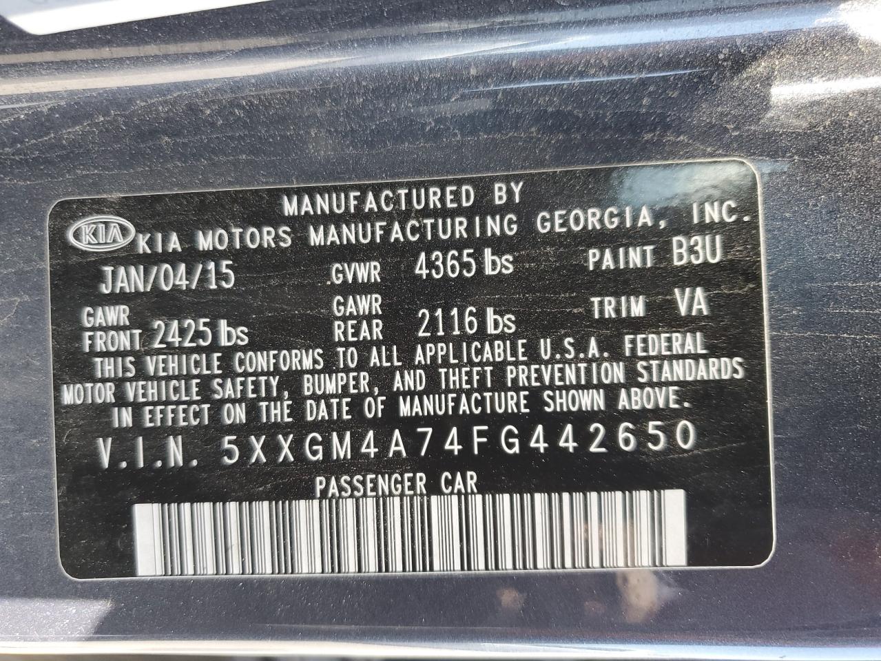 5XXGM4A74FG442650 2015 Kia Optima Lx 5XXGM4A74FG442650 2015 Kia Optima Lx