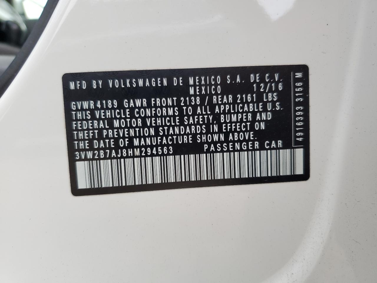 2017 Volkswagen Jetta S VIN: 3VW2B7AJ8HM294563 Lot: 62725454
