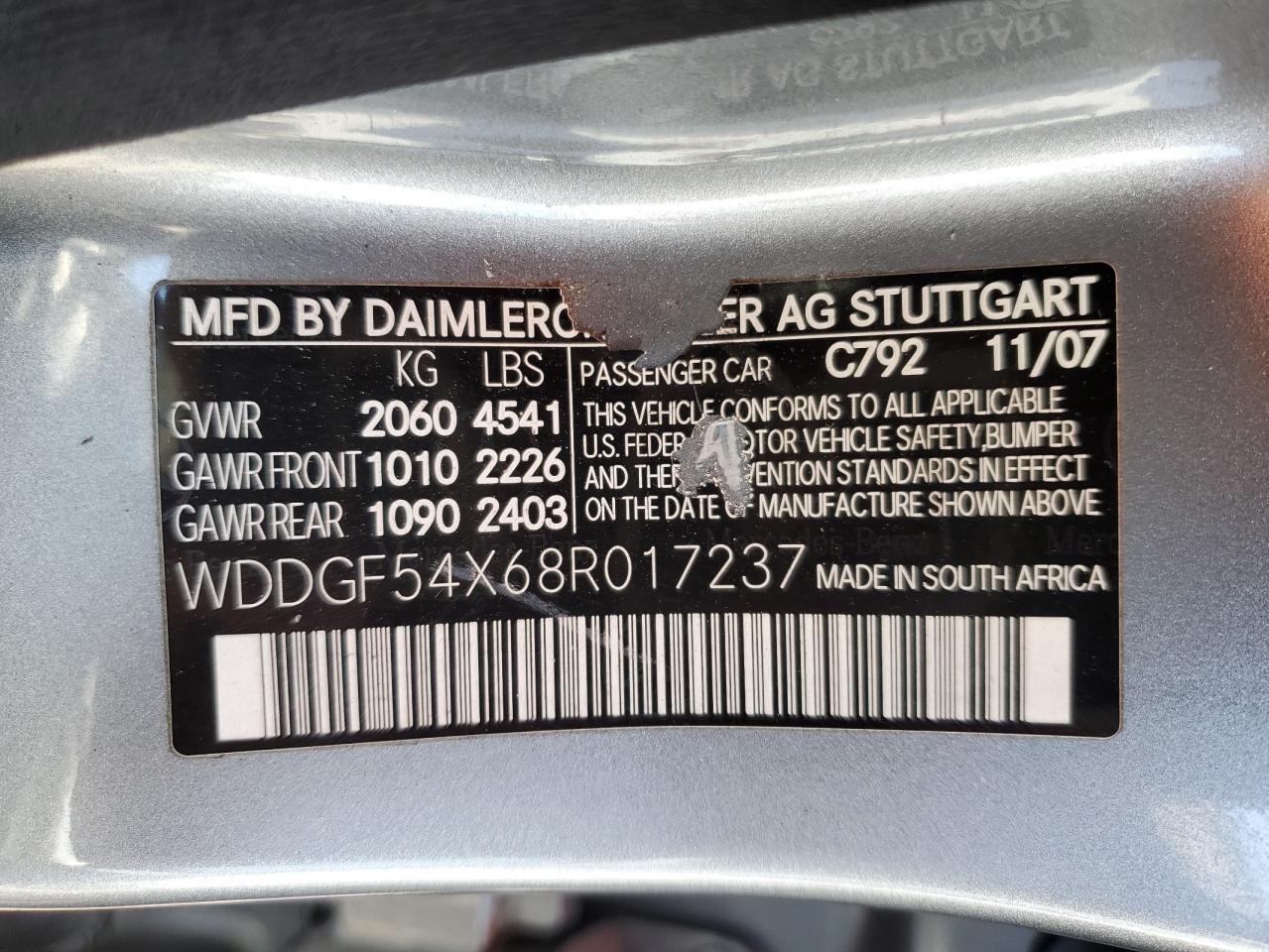 2008 Mercedes-Benz C 300 VIN: WDDGF54X68R017237 Lot: 63874574