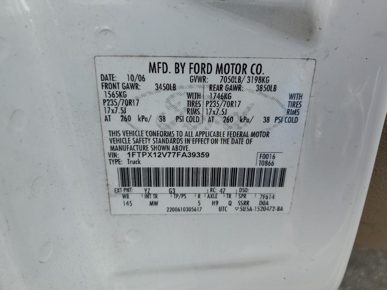 2007 Ford F150 VIN: 1FTPX12V77FA39359 Lot: 64218424