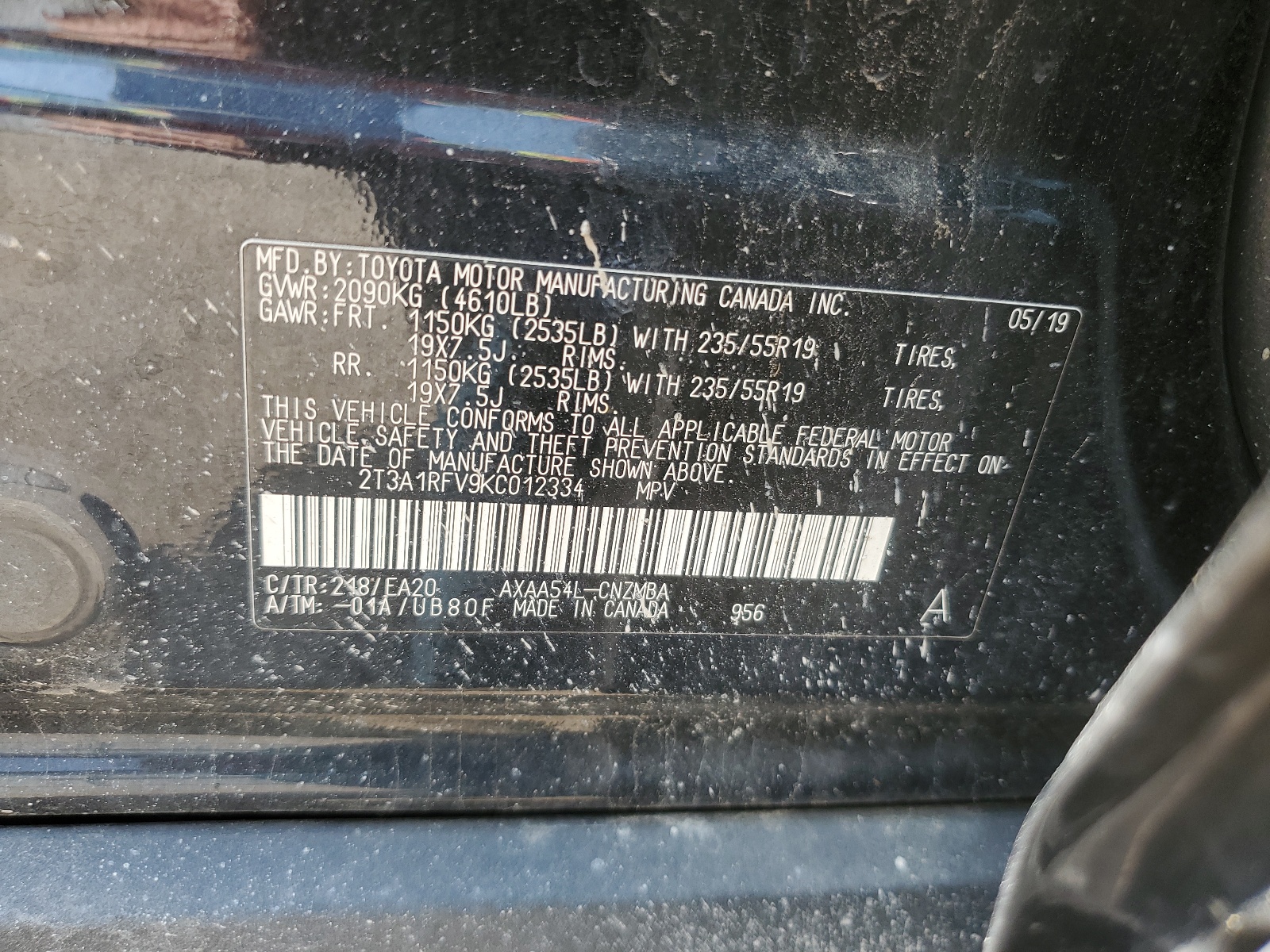 2T3A1RFV9KC012334 2019 Toyota Rav4 Xle Premium