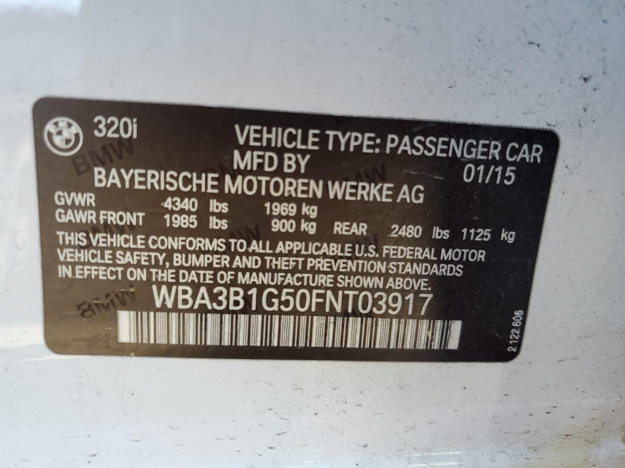 2015 BMW 320 I VIN: WBA3B1G50FNT03917 Lot: 62125954