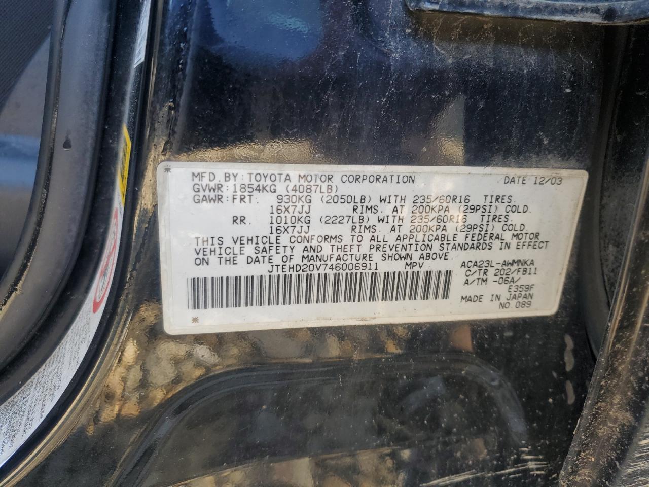 2004 Toyota Rav4 VIN: JTEHD20V746006911 Lot: 62624194