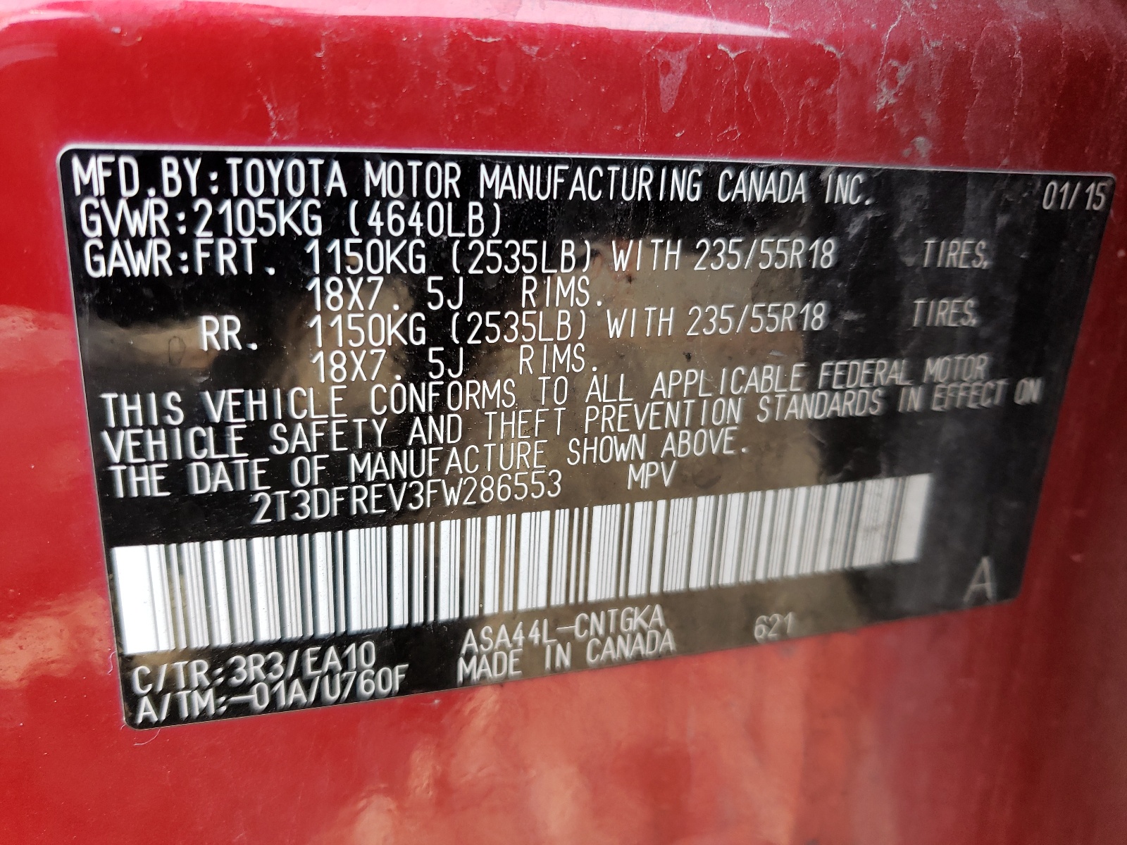 2T3DFREV3FW286553 2015 Toyota Rav4 Limited