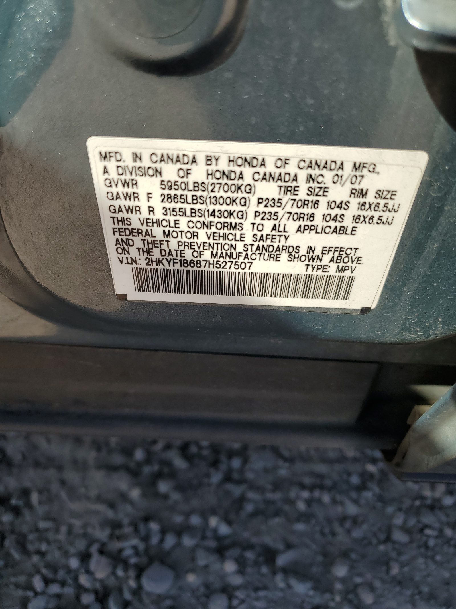 2HKYF18687H527507 2007 Honda Pilot Exl