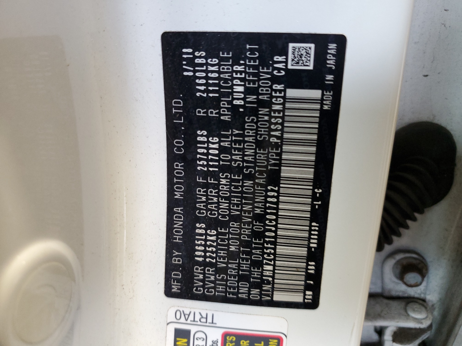 JHMZC5F10JC017892 2018 Honda Clarity