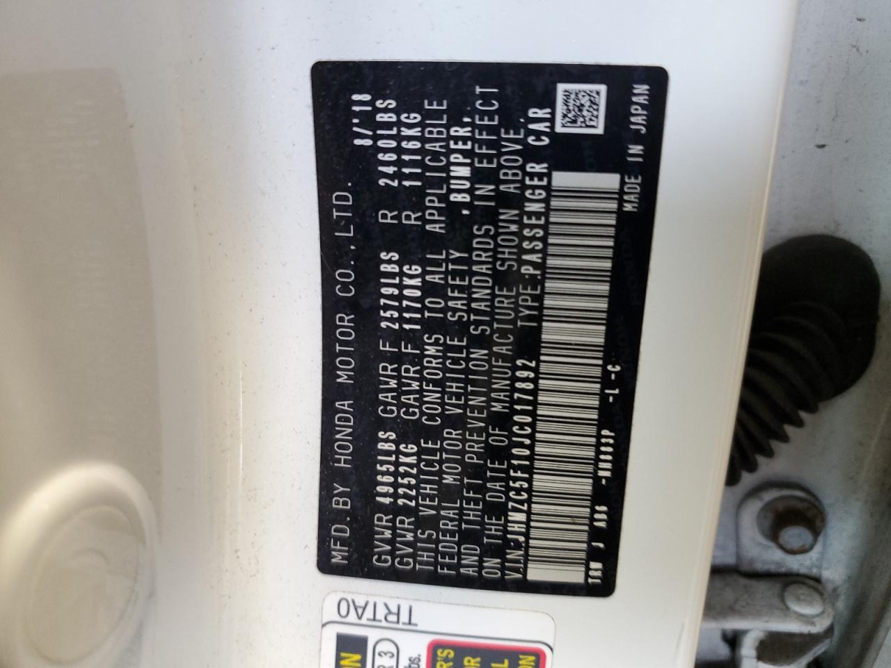 2018 Honda Clarity VIN: JHMZC5F10JC017892 Lot: 61617884