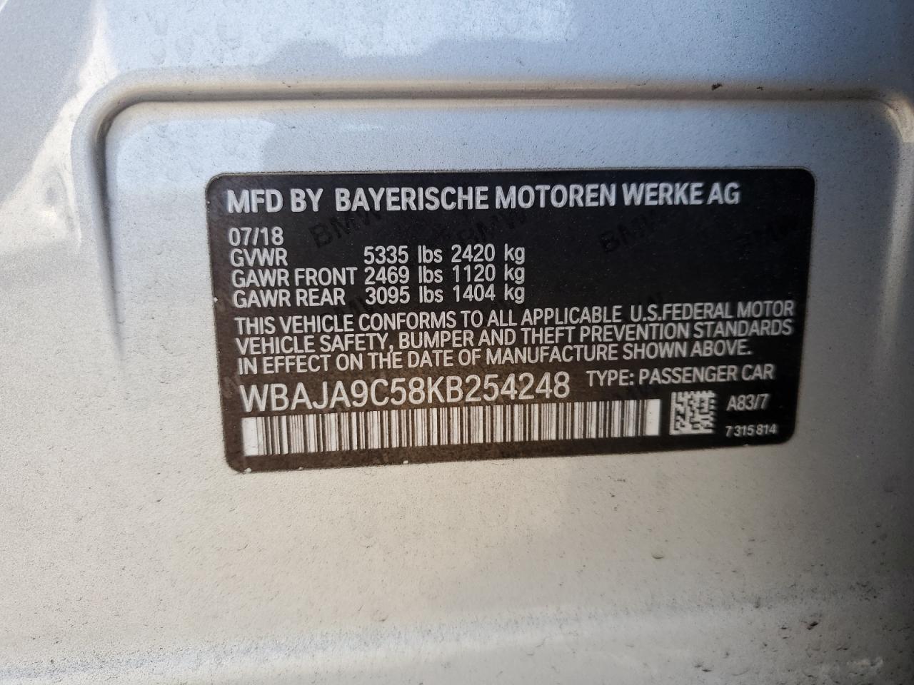 2019 BMW 530E VIN: WBAJA9C58KB254248 Lot: 64910674