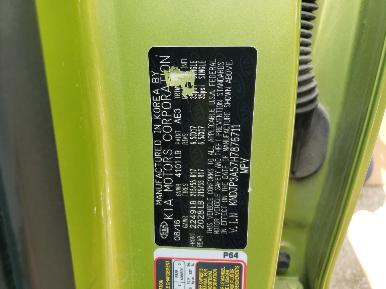 2017 Kia Soul + VIN: KNDJP3A57H7876711 Lot: 62492864