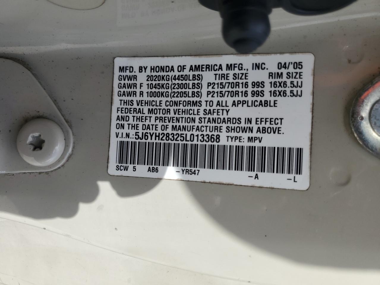 2005 Honda Element Lx VIN: 5J6YH28325L013368 Lot: 78023244