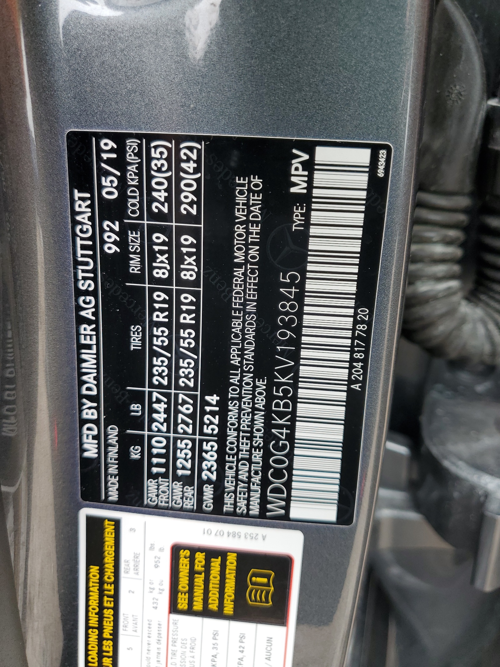 WDC0G4KB5KV193845 2019 Mercedes-Benz Glc 300 4Matic