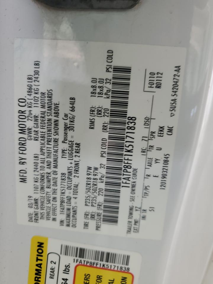 2019 Ford Mustang Gt VIN: 1FATP8FF1K5171838 Lot: 62747894