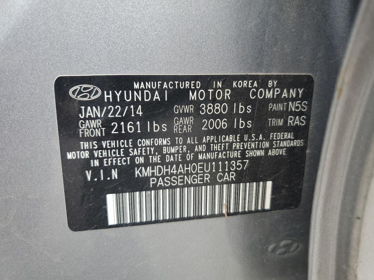 2014 Hyundai Elantra Se VIN: KMHDH4AH0EU111357 Lot: 64969854