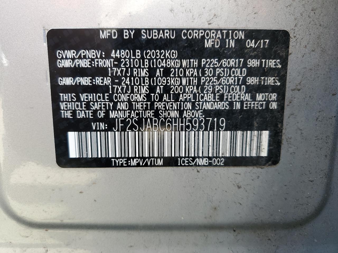 2017 Subaru Forester 2.5I VIN: JF2SJABC6HH593719 Lot: 63290384