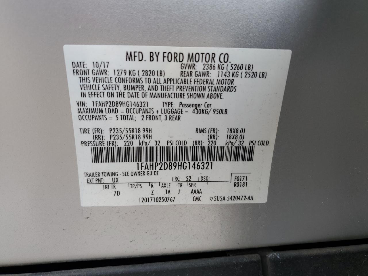 2017 Ford Taurus Se VIN: 1FAHP2D89HG146321 Lot: 62951944