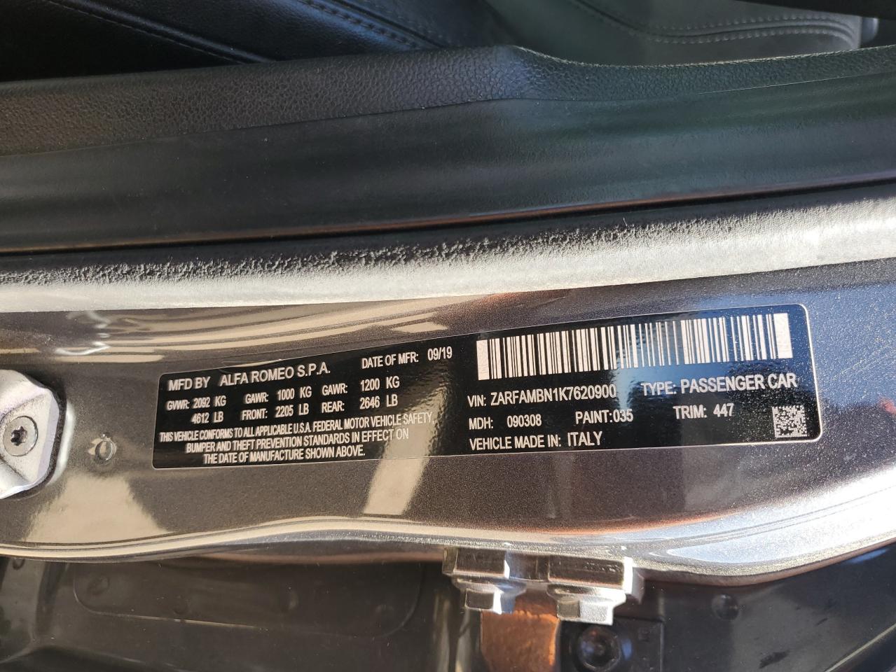 2019 Alfa Romeo Giulia Ti VIN: ZARFAMBN1K7620900 Lot: 62151264