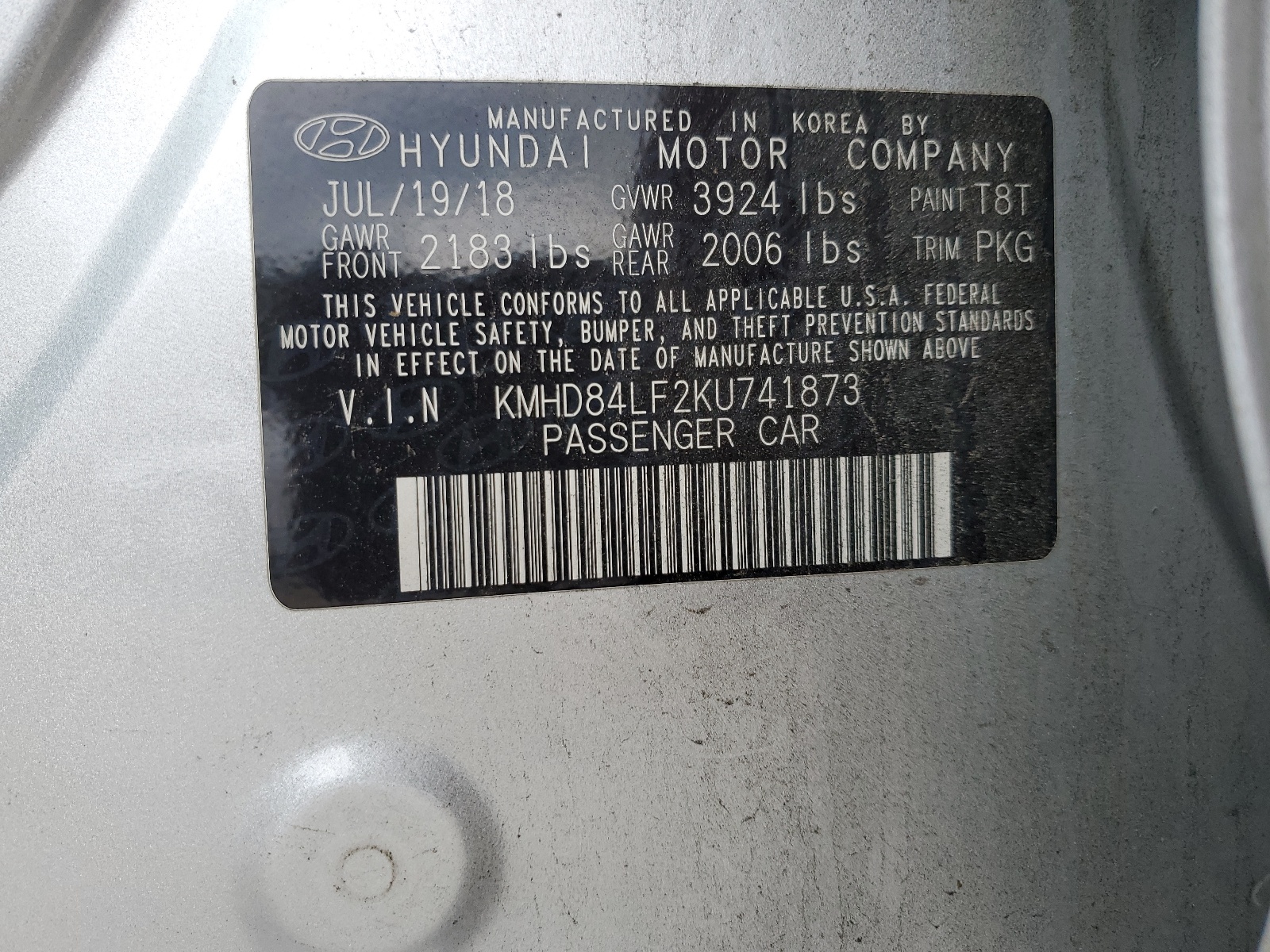 KMHD84LF2KU741873 2019 Hyundai Elantra Sel