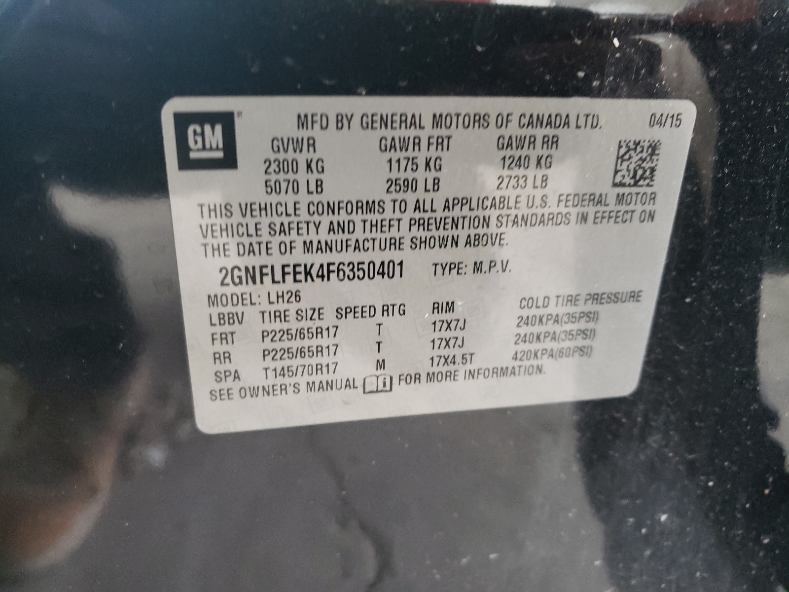 2GNFLFEK4F6350401 2015 Chevrolet Equinox Lt