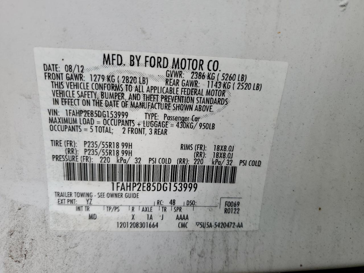 2013 Ford Taurus Sel VIN: 1FAHP2E85DG153999 Lot: 64872114