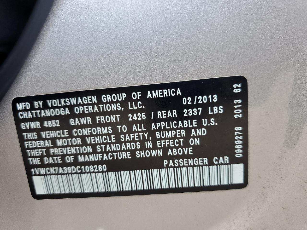 2013 Volkswagen Passat Sel VIN: 1VWCN7A39DC108280 Lot: 63673904