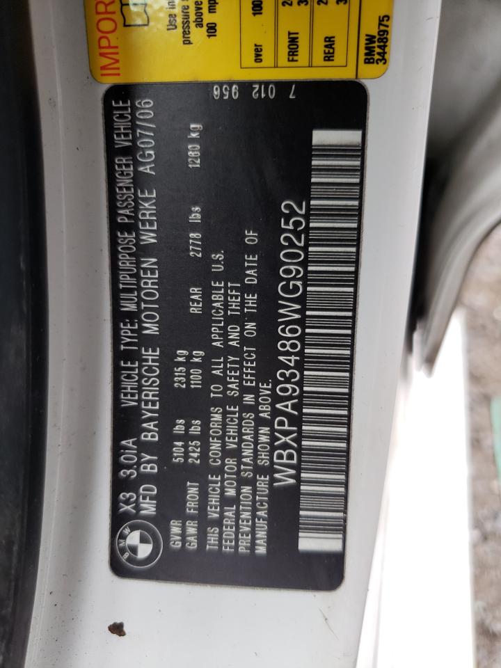 2006 BMW X3 3.0I VIN: WBXPA93486WG90252 Lot: 62661774