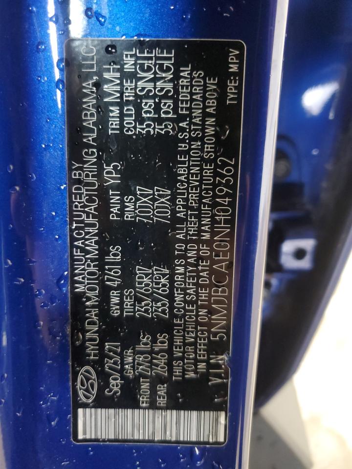 2022 Hyundai Tucson Sel VIN: 5NMJBCAE0NH049362 Lot: 63060024