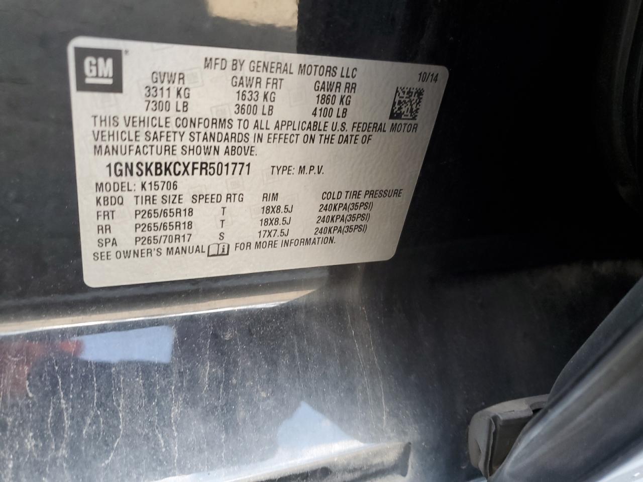 2015 Chevrolet Tahoe K1500 Lt VIN: 1GNSKBKCXFR501771 Lot: 64369924