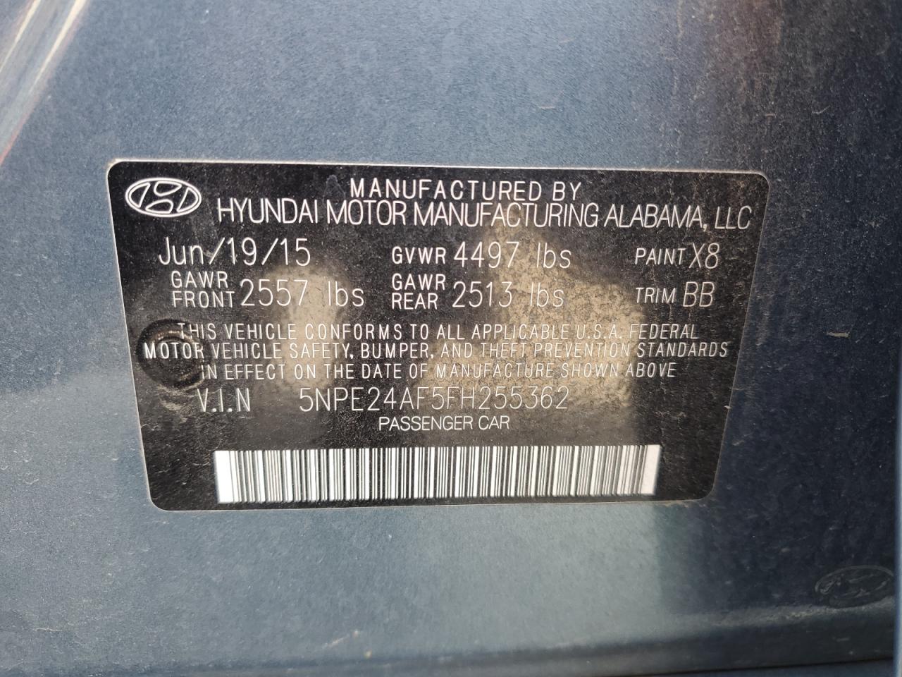 2015 Hyundai Sonata Se VIN: 5NPE24AF5FH255362 Lot: 63828984