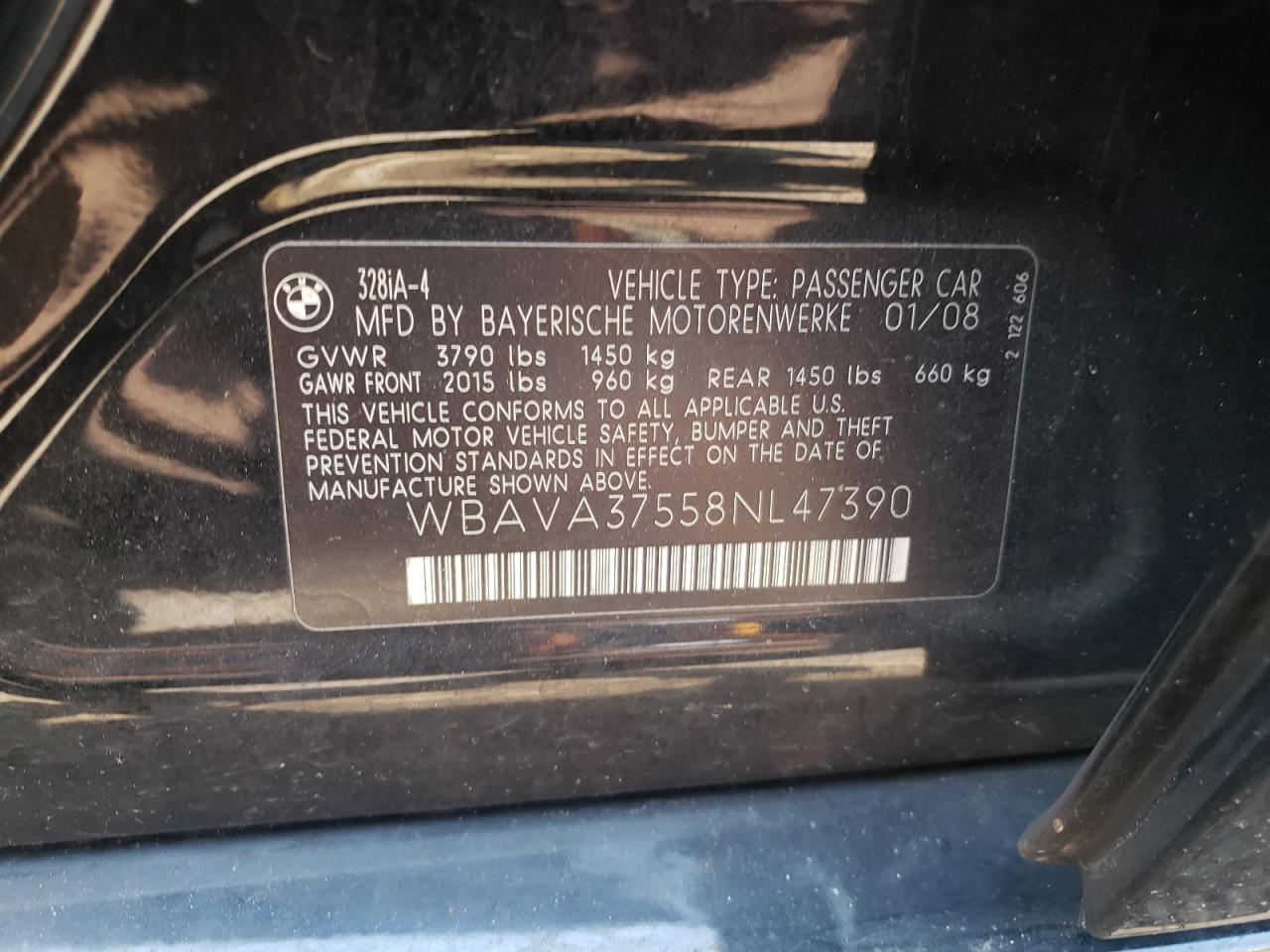 2008 BMW 328 I VIN: WBAVA37558NL47390 Lot: 62656844