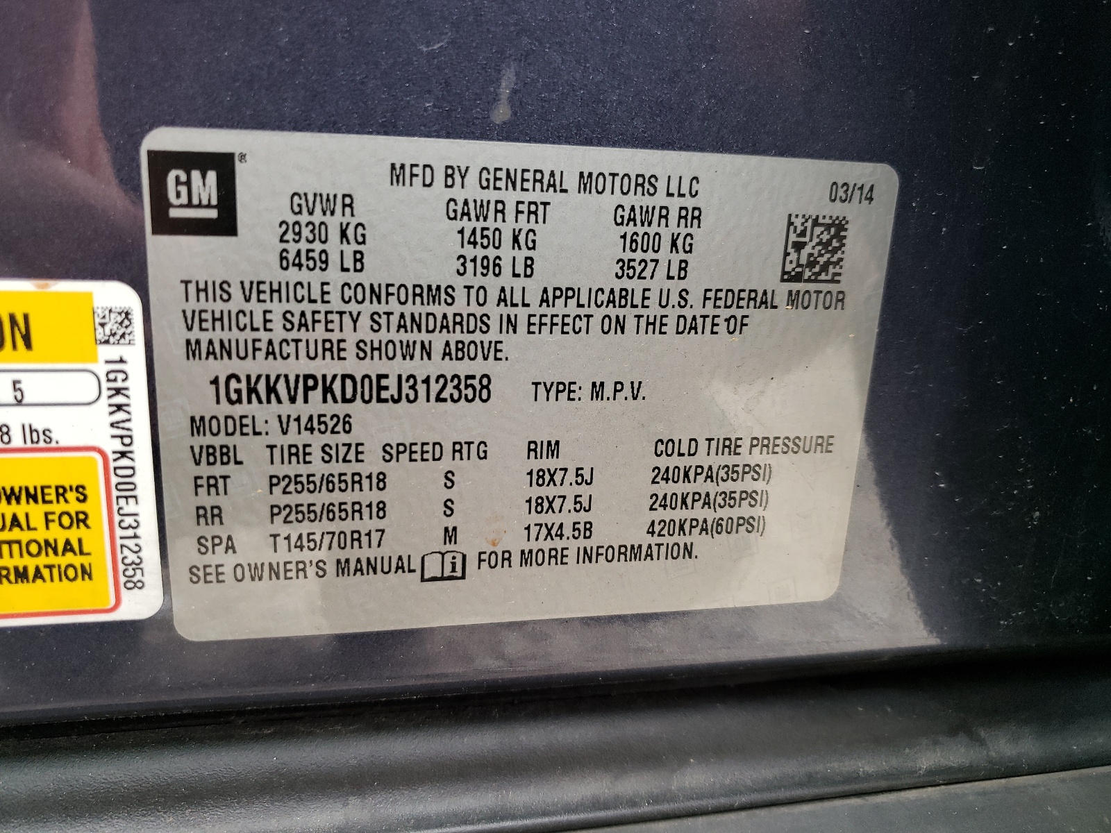 1GKKVPKD0EJ312358 2014 GMC Acadia Sle